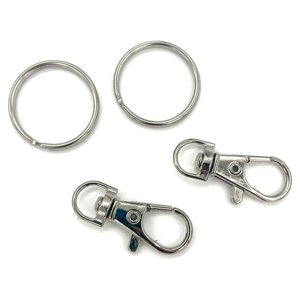 HARDWARE DUO: 2 x 35mm Lobster Clasp Swivel Clips + 1" Key Rings in Nickel Silver colour