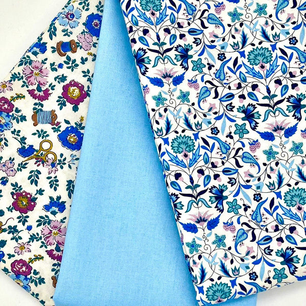 HALF METRE TRIO: Liberty | Tudor Celebration 'Haberdashery Floral' 443A + 'Quilt Nouveau' 446A + Candy Blue Plain