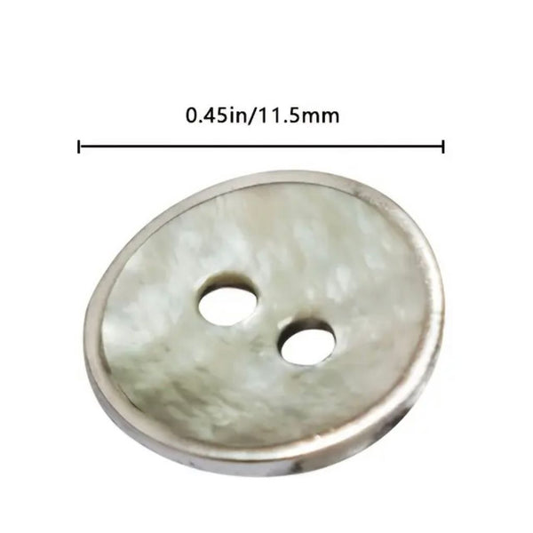 BUTTONS: *TRIO* of Small Nickel Silver Colour Metal Edged Shell Buttons: Two-Holed, 11.5mm Diameter