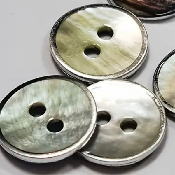 BUTTONS: *TRIO* of Small Nickel Silver Colour Metal Edged Shell Buttons: Two-Holed, 11.5mm Diameter