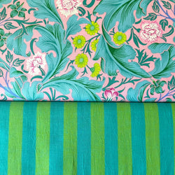 HALF METRE DUO: Kaffe Fassett x Morris & Co 'Leicester' Aqua + Kaffe Fassett 'Shot Cotton Wide Stripe' Aloe