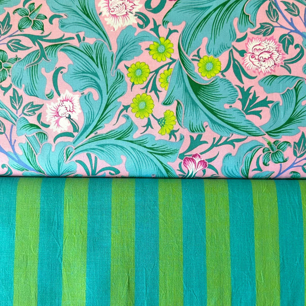 HALF METRE DUO: Kaffe Fassett x Morris & Co 'Leicester' Aqua + Kaffe Fassett 'Shot Cotton Wide Stripe' Aloe