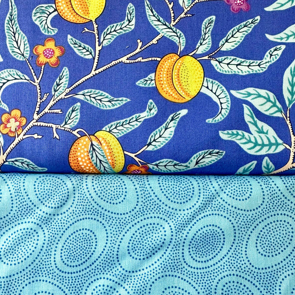 HALF METRE DUO: Kaffe Fassett x Morris & Co 'Fruit' Cobalt + 'Aboriginal Dots' Turquoise
