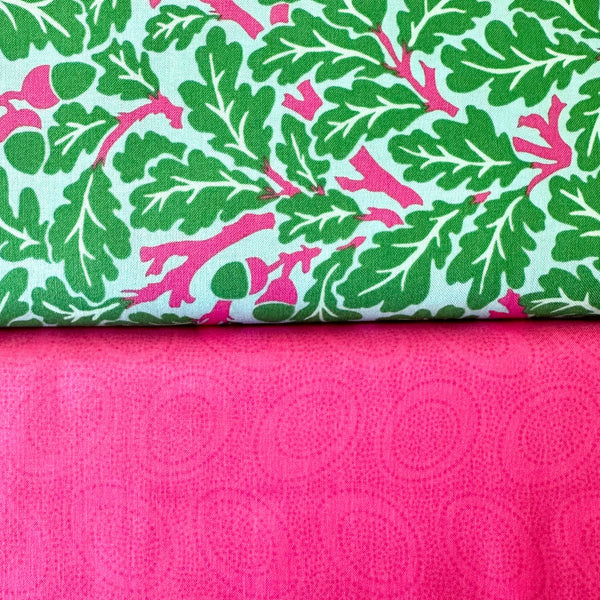 HALF METRE DUO: Kaffe Fassett x Morris & Co 'Oak' Turquoise + 'Aboriginal Dots' Shocking