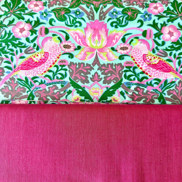 HALF METRE DUO: Kaffe Fassett x Morris & Co 'Strawberry Thief' Aqua + Kaffe Fassett 'Shot Cotton' Raspberry