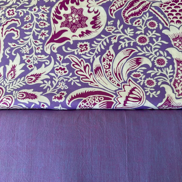 HALF METRE DUO: Kaffe Fassett x Morris & Co 'Indian' Lavender + Kaffe Fassett 'Shot Cotton' Lupin