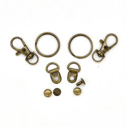 HARDWARE: Set of 2 D Ring Rivets + 2 Lobster Clasp Swivel Clips + 2 Keyring/Split Rings: Antique colour