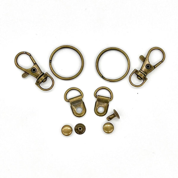 HARDWARE: Set of 2 D Ring Rivets + 2 Lobster Clasp Swivel Clips + 2 Keyring/Split Rings: Antique colour