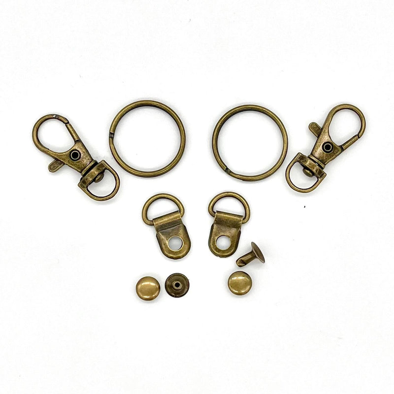 HARDWARE: Set of 2 D Ring Rivets + 2 Lobster Clasp Swivel Clips + 2 Keyring/Split Rings: Antique colour