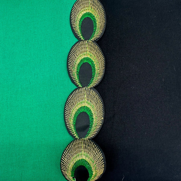 FABRIC DUO: Peacock Bag: 2 x 1m Cotton Plain + 5yds Peacock Adhesive Ribbon: BLACK/EMERALD Option