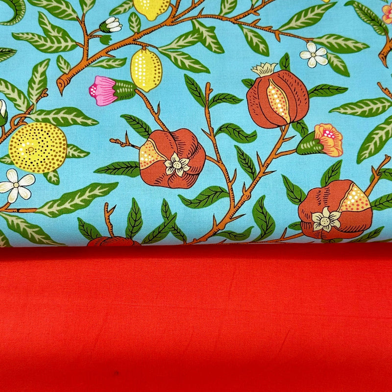 PERFECT PAIRING: 1/2m Duo: Kaffe Fassett x Morris & Co 'Fruit' PWKW010 Duck Egg + Hot Tomato Plain