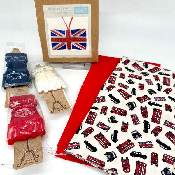 SPECIAL BUY BUNDLE: ½m Makower 'Bus Scatter' Cream + ½m Red + Trimits 'Union Flag' Felt Kit + Trio of "Mannequin" Ribbon and Trim Assortments