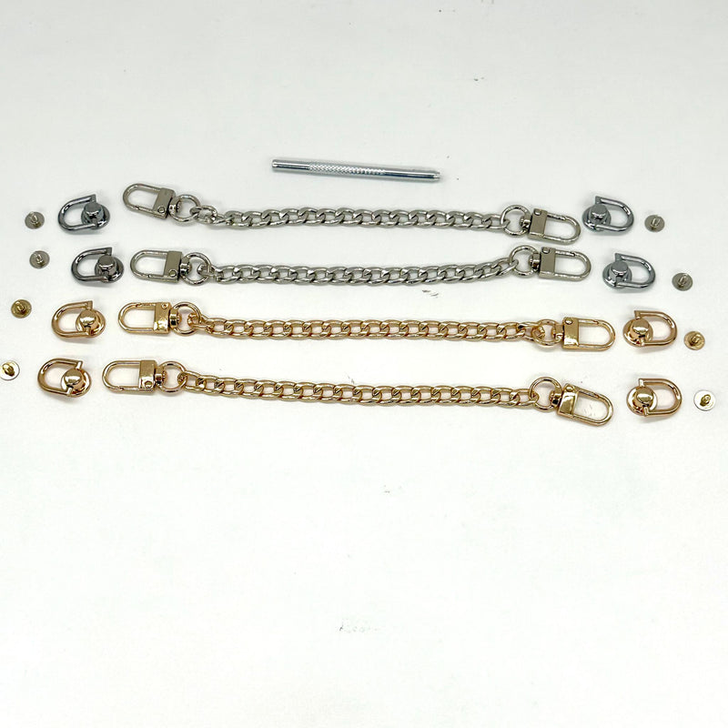 HARDWARE: Four Handbag / Purse Chains (approx 21.5cm / 8.46”) + Four Pairs D Ring Stud Screws + Punch: 2 Silver + 2 Gold colour