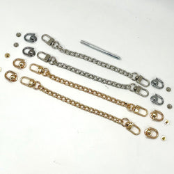 HARDWARE: Four Handbag / Purse Chains (approx 21.5cm / 8.46”) + Four Pairs D Ring Stud Screws + Punch: 2 Silver + 2 Gold colour