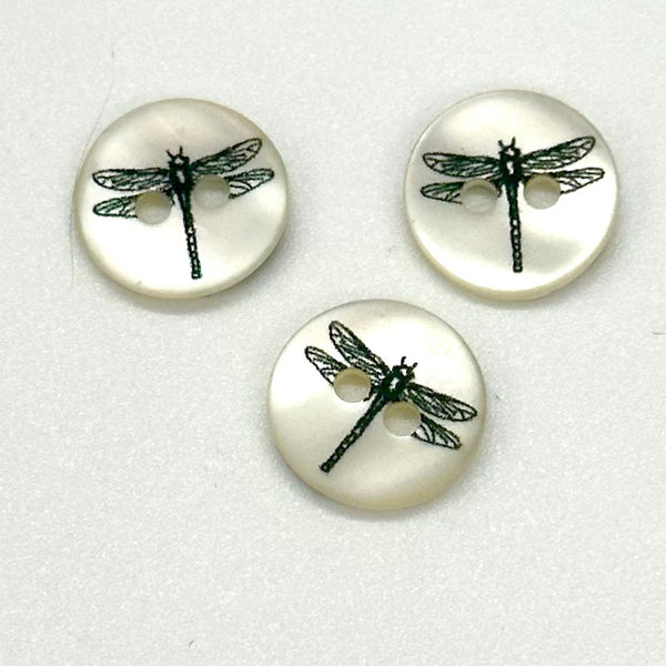 BUTTONS: *TRIO* of DRAGONFLY Shell Buttons: Two-Holed, 11.5mm Diameter