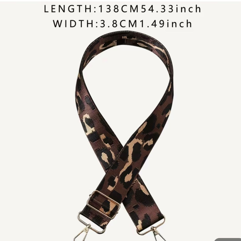 HARDWARE: ONE Adjustable 38mm/1.5" Wide Bag Strap with Lobster Clasp Attachment: BROWN LEOPARD Print