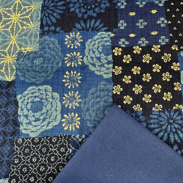 Half Metre Heaven: Sevenberry for Robert Kaufman | Nara Homespun 'Sashiko Patchwork' 88501D1-4 NAVY with Navy plain