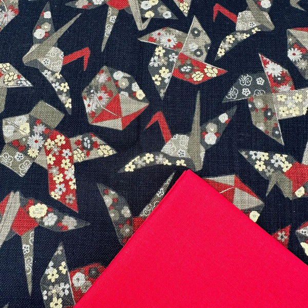 Half Metre Heaven: Sevenberry for Robert Kaufman | Nara Homespun 'Paper Cranes' 88501D2-6 BLACK with Cardinal plain