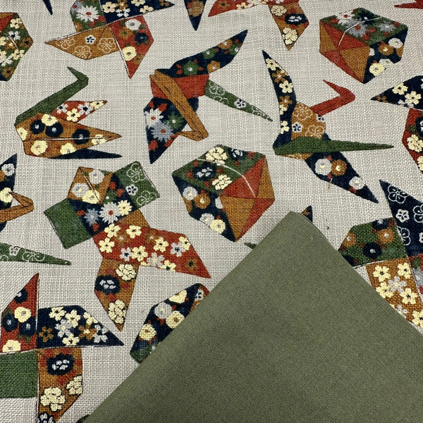 Half Metre Heaven: Sevenberry for Robert Kaufman | Nara Homespun 'Paper Cranes' 88501D2-2 MULTI with Moss plain