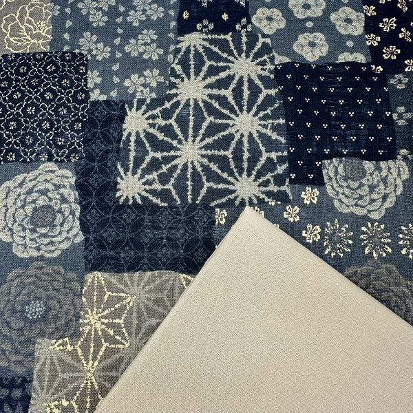 Half Metre Heaven: Sevenberry for Robert Kaufman | Nara Homespun 'Sashiko Patchwork' 88501D1-5 BLACK GREY with Bamboo plain