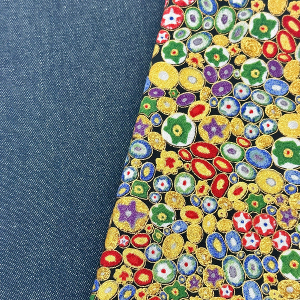 PERFECT PAIRING: 1/2m Duo: Robert Kaufman Fabrics | Gustav Klimt SRKM-17183-205 MULTI + Midweight Cotton Denim in Indigo