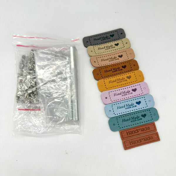 HARDWARE: 200 Sets SILVER colour 6mm Rivets with Tools + 10 "Handmade" Tags (8 "with love" heart, 2 plain)