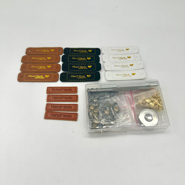 HARDWARE: 120 Sets 6mm x 6mm Rivets in gold, silver, gunmetal and antique tones + 16 PU Leather Tags