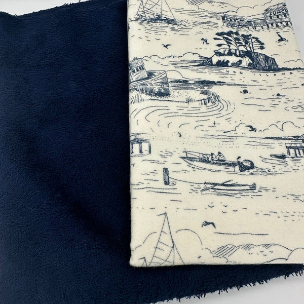 PERFECT PAIRING: 1/2m Katie O'Shea | Tomales Bay 'Seaside' Dusk in *FLANNEL* + FQ Navy Bamboo Towelling