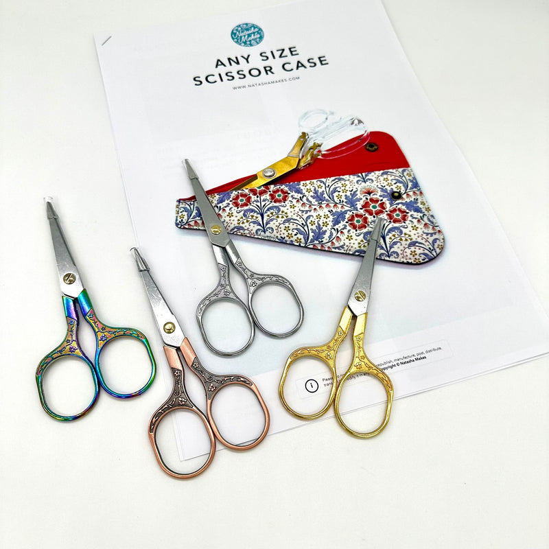 Instructions WITH SCISSORS: 'Any Size Scissor Case' Printed Pattern + 5" Floral Detail Embroidery Scissors (colour will vary)