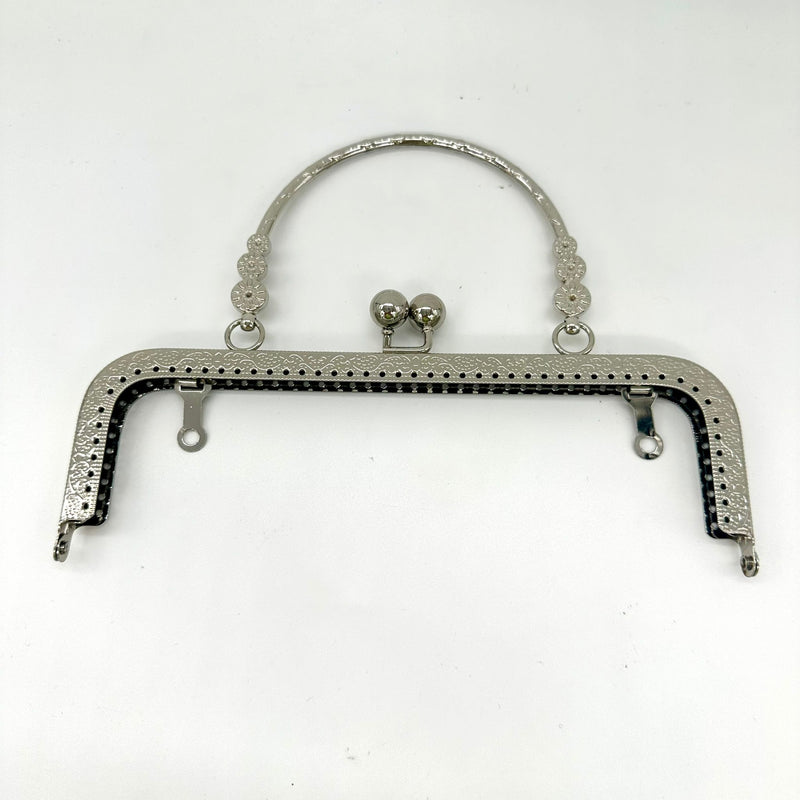 HARDWARE: Square Handbag Frame with Flower Handle: 20cm Nickel Silver colour