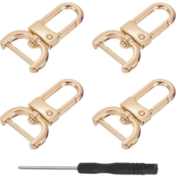 HARDWARE: FOUR ¾" / 19mm Swivel Snap Hooks with D Ring Attachment Points: Light Gold colour