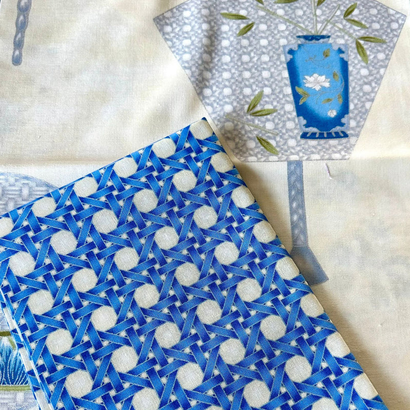 FABRIC DUO: Leesa Chandler | Summer Palace: 60cm 'Chinese Fans' Blue/Green 0019 24 + 30cm 'Wicker' Blue 0022 12