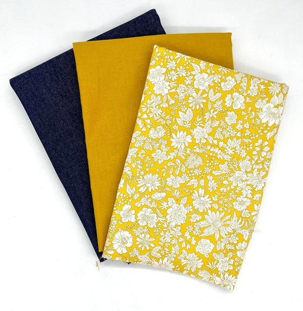 FABRIC TRIO: Approx 20" x 54" Liberty 'Emily Blossom' 0166W7405A SUNSHINE YELLOW + 1/2m Midweight Cotton Denim in Indigo + 1/2m 150cm wide Lifestyle Cotton in Mustard Gold