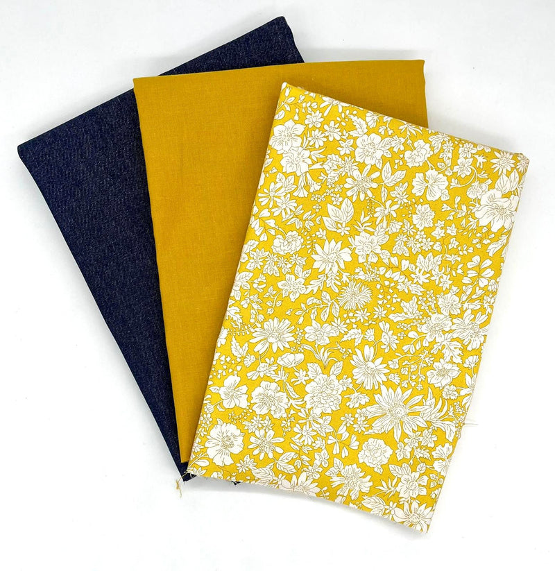 FABRIC TRIO: Approx 20" x 54" Liberty 'Emily Blossom' 0166W7405A SUNSHINE YELLOW + 1/2m Midweight Cotton Denim in Indigo + 1/2m 150cm wide Lifestyle Cotton in Mustard Gold