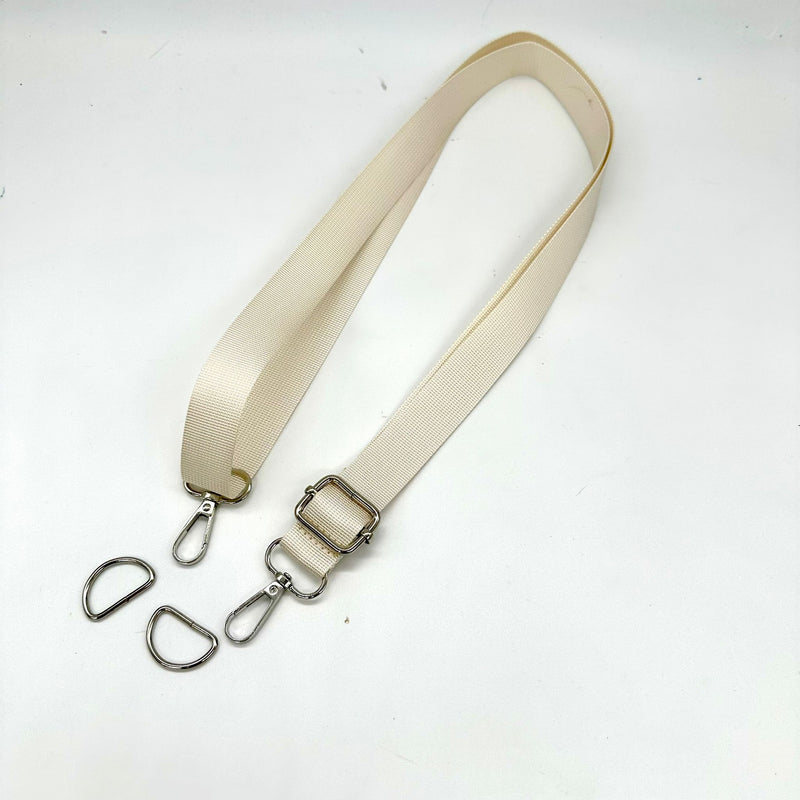 HARDWARE: ONE Adjustable Bag Strap with Lobster Clasp Attachment: 1" Wide in Creamy White + Two 25mm D Rings