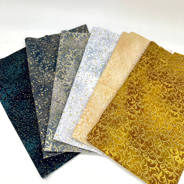 FABRIC BUNDLE: SIX Long Quarters of Robert Kaufman Fabrics | Mixed Metallics: NEUTRALS