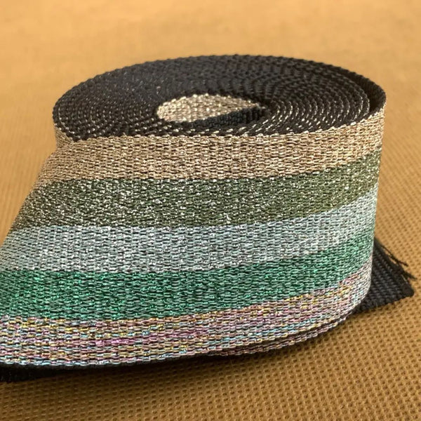 WEBBING: Luxurious Metallic Jacquard: 2" Wide x 3 Metre Length: Soft Silver/GREEN/Gold