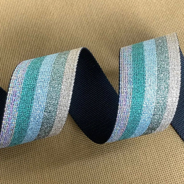 WEBBING: Luxurious Metallic Jacquard: 2" Wide x 3 Metre Length: Soft Silver/GREEN/Gold