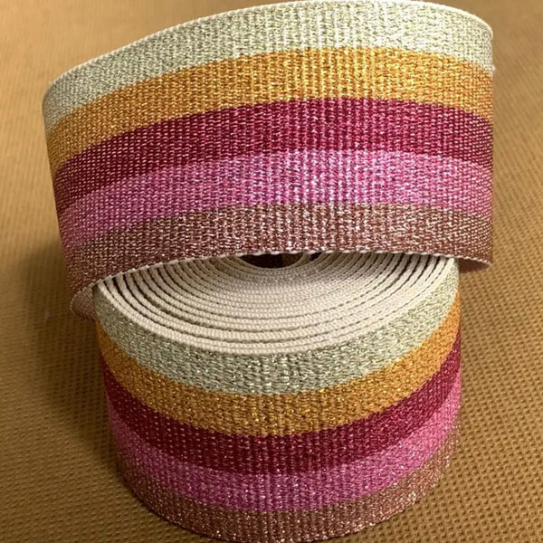 WEBBING: Luxurious Metallic Jacquard: 2" Wide x 3 Metre Length: Silver/Gold/PINKS