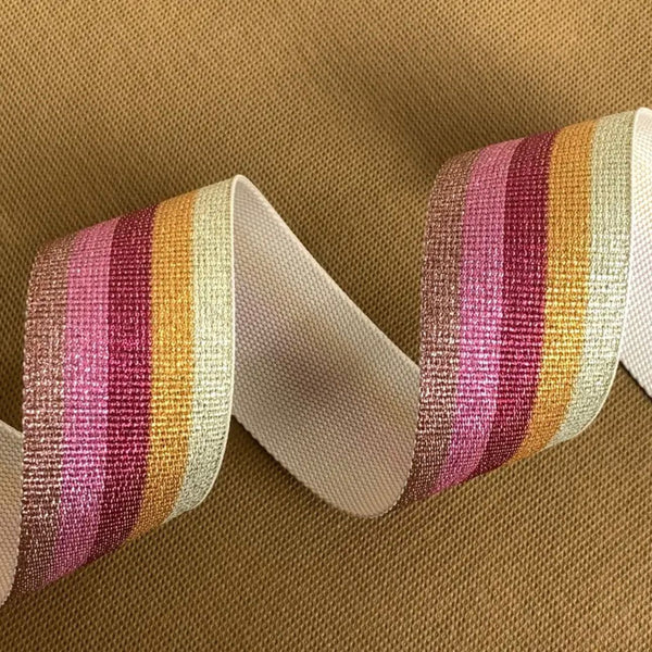 WEBBING: Luxurious Metallic Jacquard: 2" Wide x 3 Metre Length: Silver/Gold/PINKS