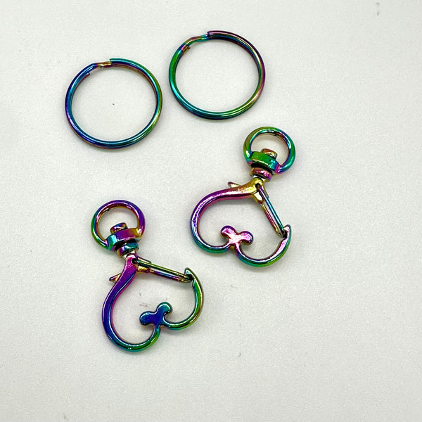 HARDWARE: PAIR of Heart-Shaped Spring Clips with Split Rings: Rainbow colour