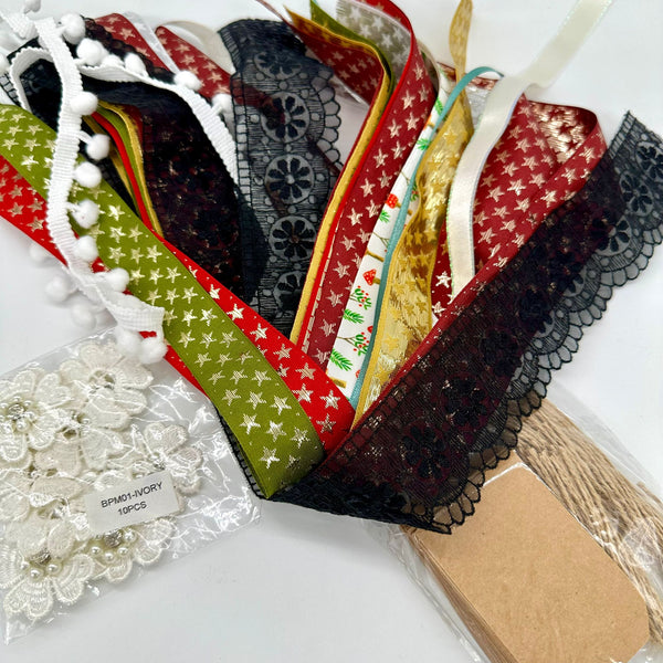 Natasha's Fancy Bits Bag: Twelve 1m lengths of Mixed Trim, 50 Brown Gift Tags, 10 Lace and Beaded Flowers