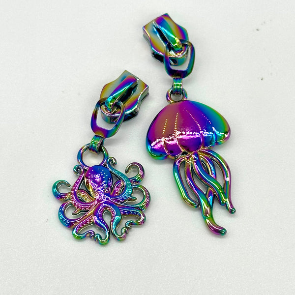 HARDWARE: Metal Zip Slider with Zipper Pull DUO x 1: SIZE 5: Rainbow colour OCTOPUS and SQUID