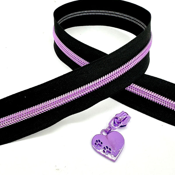 PRECUT HALF YARD ZIPPER TAPE + ZIP PULL: Black with PURPLE Teeth + PURPLE "Heart with Paws" Pull