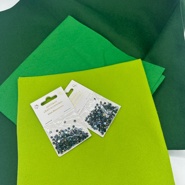 BUNDLE: Versatile Christmas Tree Decoration: TRIO of 18" Felt Squares + TWO Packs 4mm Rhinestones: GREEN