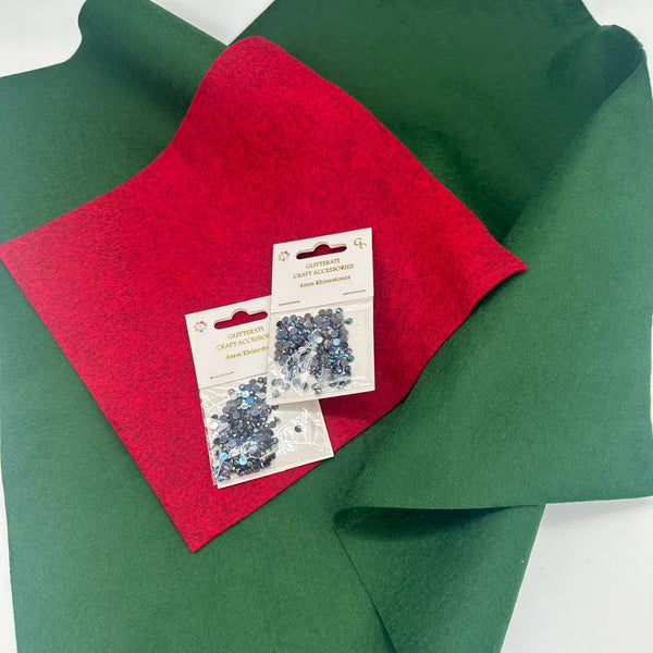 BUNDLE: Versatile Christmas Tree Decoration: 18" GREEN Felt Square + 9" VINTAGE RED Felt Square + TWO Packs 4mm Rhinestones