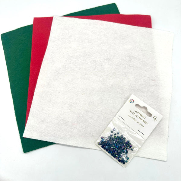 BUNDLE: Versatile Christmas Tree Decoration: TRIO of 9" Felt Squares + One Pack 4mm Rhinestones: GREEN / WHITE / RED