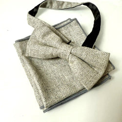 READY MADE: One Bow Tie & TWO Pocket Squares Set: LIGHT GREY Herringbone