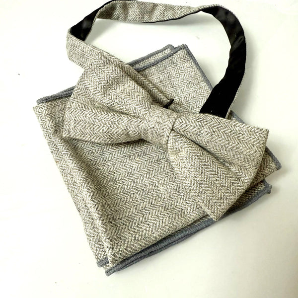 READY MADE: One Bow Tie & TWO Pocket Squares Set: LIGHT GREY Herringbone