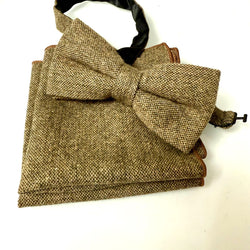 READY MADE: One Bow Tie & TWO Pocket Squares Set: CLASSIC Brown